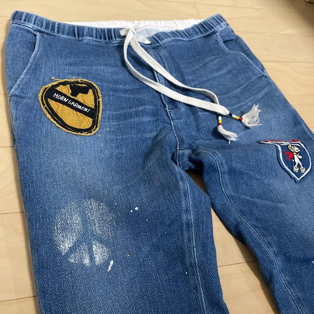 日本製　ホーンガーメント　ビンテージ加工カットデニムスウェット　セットアップ