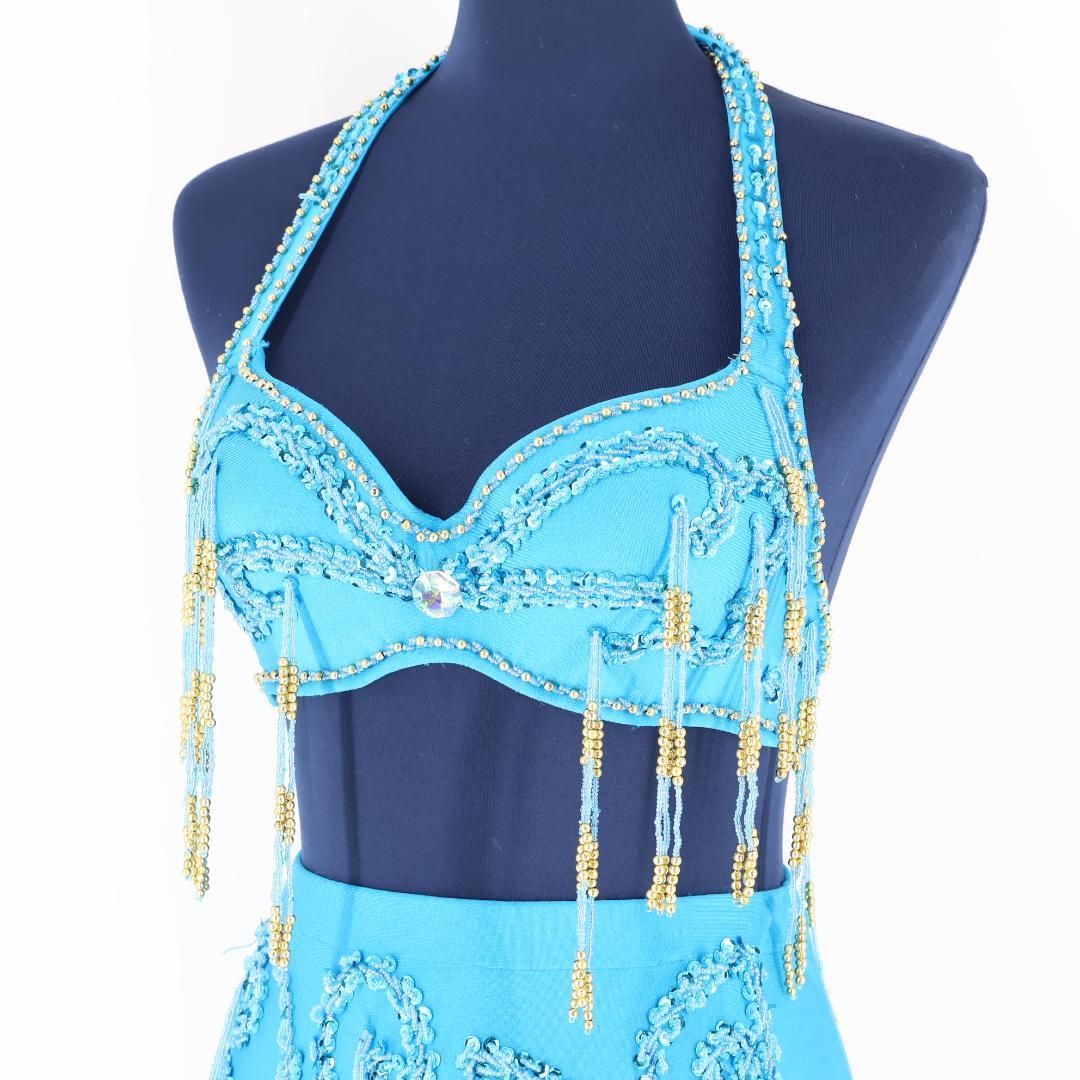 【ベリーダンス用 オリエンタル衣装】アクアブルー MEISHULANNA ラメ