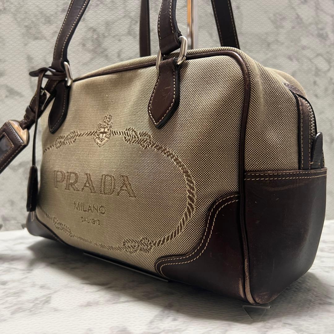 プラダ ロゴジャガード ミニボストン ハンドバッグ キャンバス レザー ベージュ