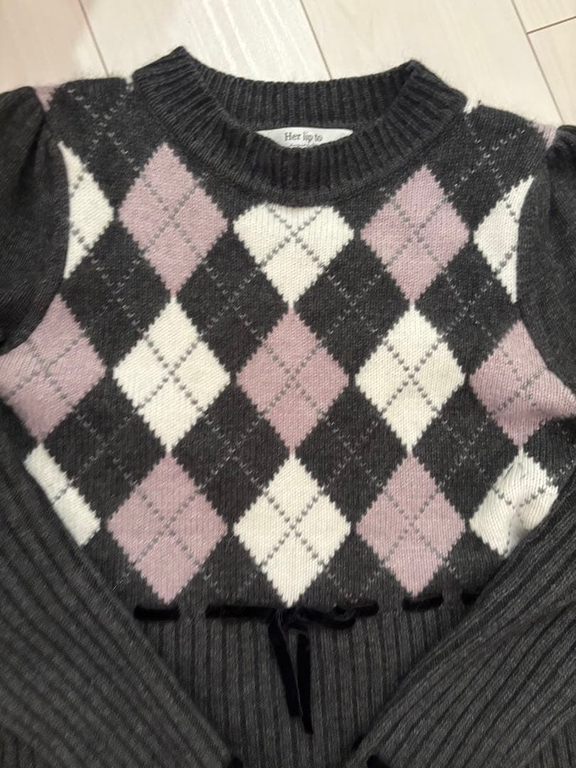 Mサイズ　her lip to アーガイルニットワンピース　グレー