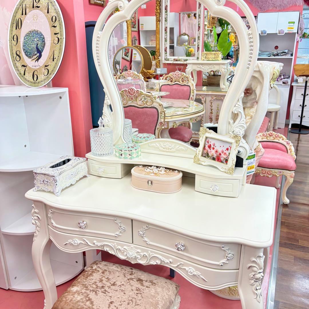 ロココスタイル ホワイトドレッサー スツール付き ドレッサー3点セット 簡単組立