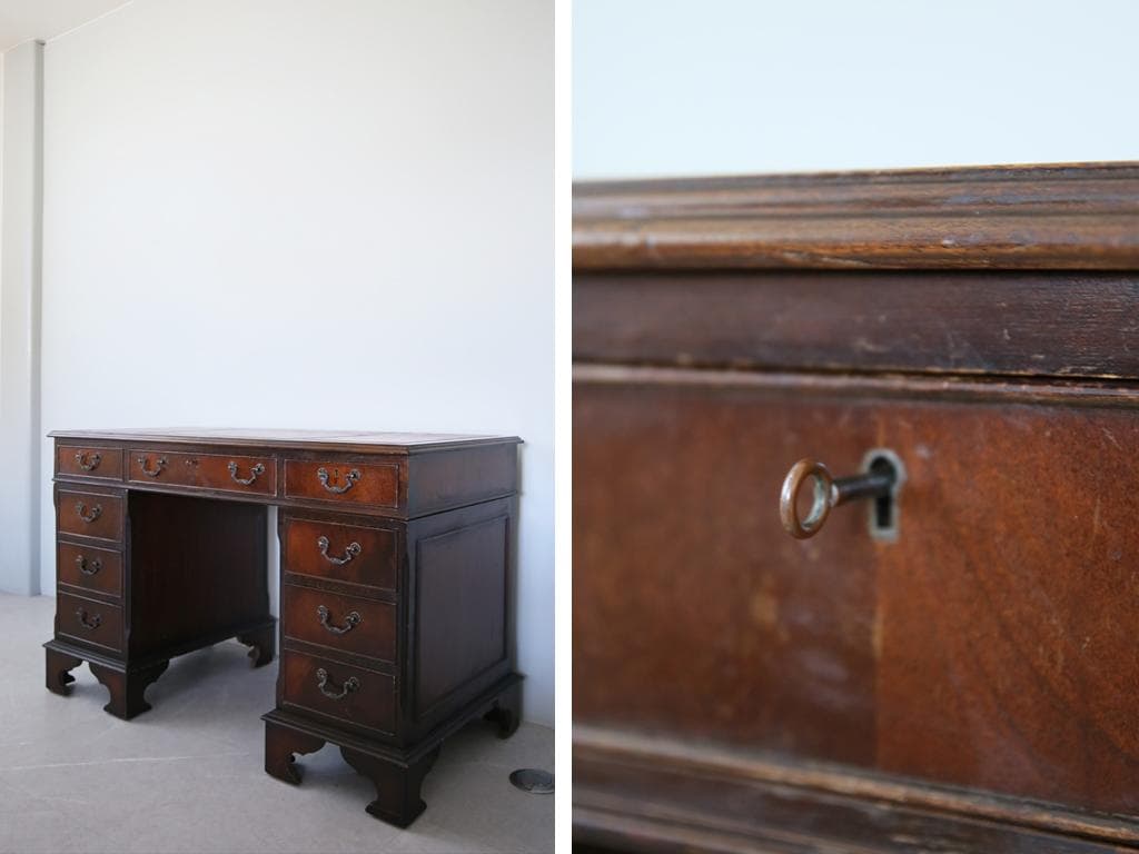 英国アンティーク木製両袖デスク/勉強机/テーブル/飾り棚/オフィス事務89-93