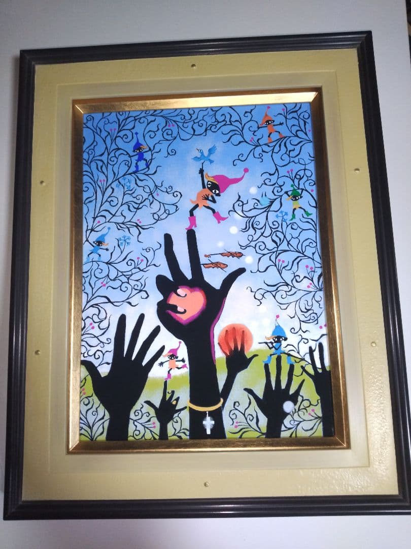 藤城清治、絵画、油彩4号こびとくんこの指とまれ新品額縁、肉筆、山下清。