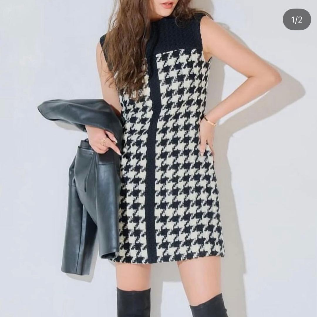 sheller シェリエ ハウンドトゥースツイードドレス