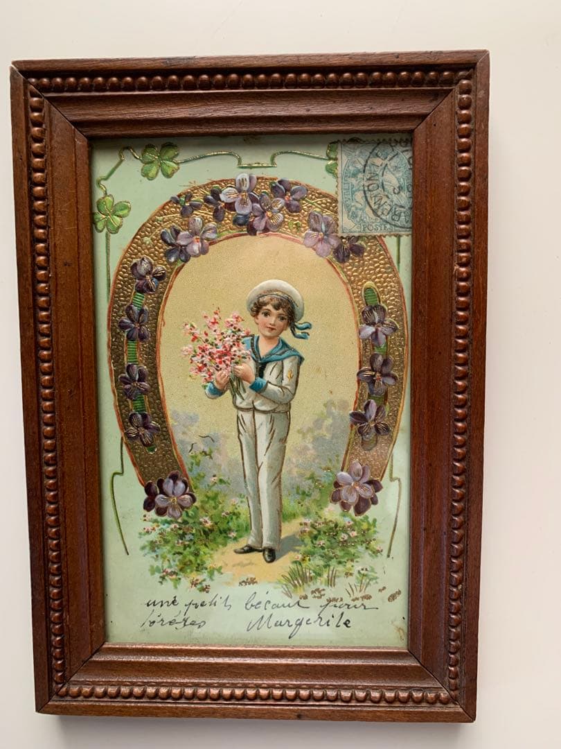 フランスアンティーク　エンボスされた絵葉書が入ったペアの小さな可愛過ぎる額！