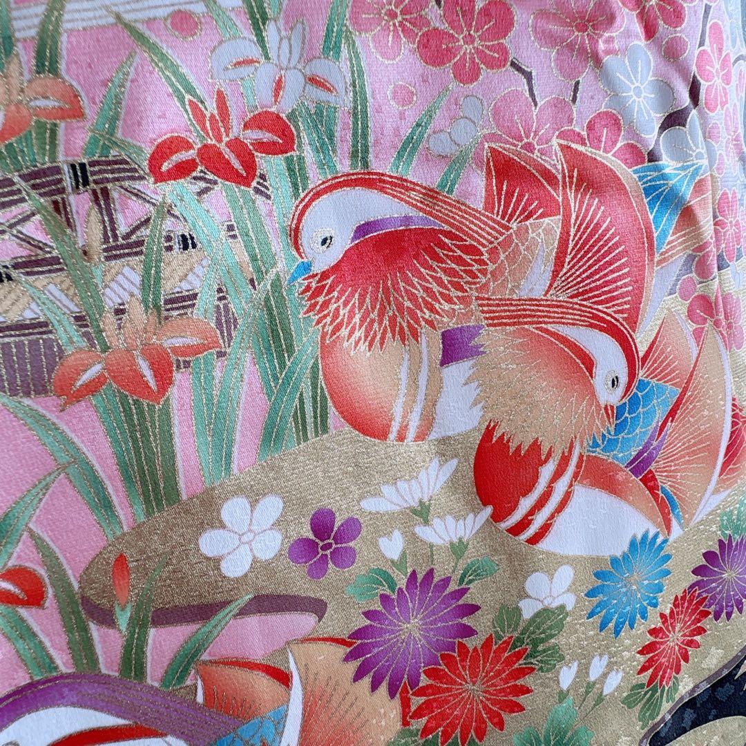 七五三　7歳女の子　フルセット　きものピンク　帯黒地　正絹　簡単半襟　7281