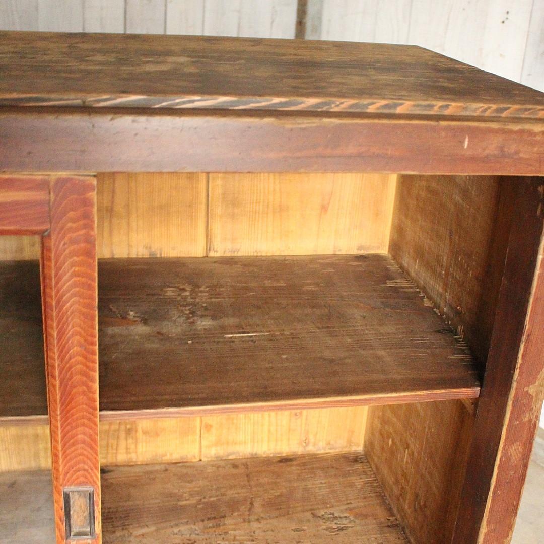 古く味のあるガラス戸棚　木製引き出し　食器棚　水屋　カウンター　古家具