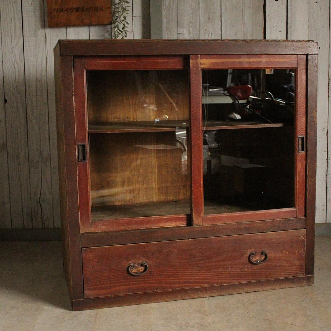 古く味のあるガラス戸棚　木製引き出し　食器棚　水屋　カウンター　古家具