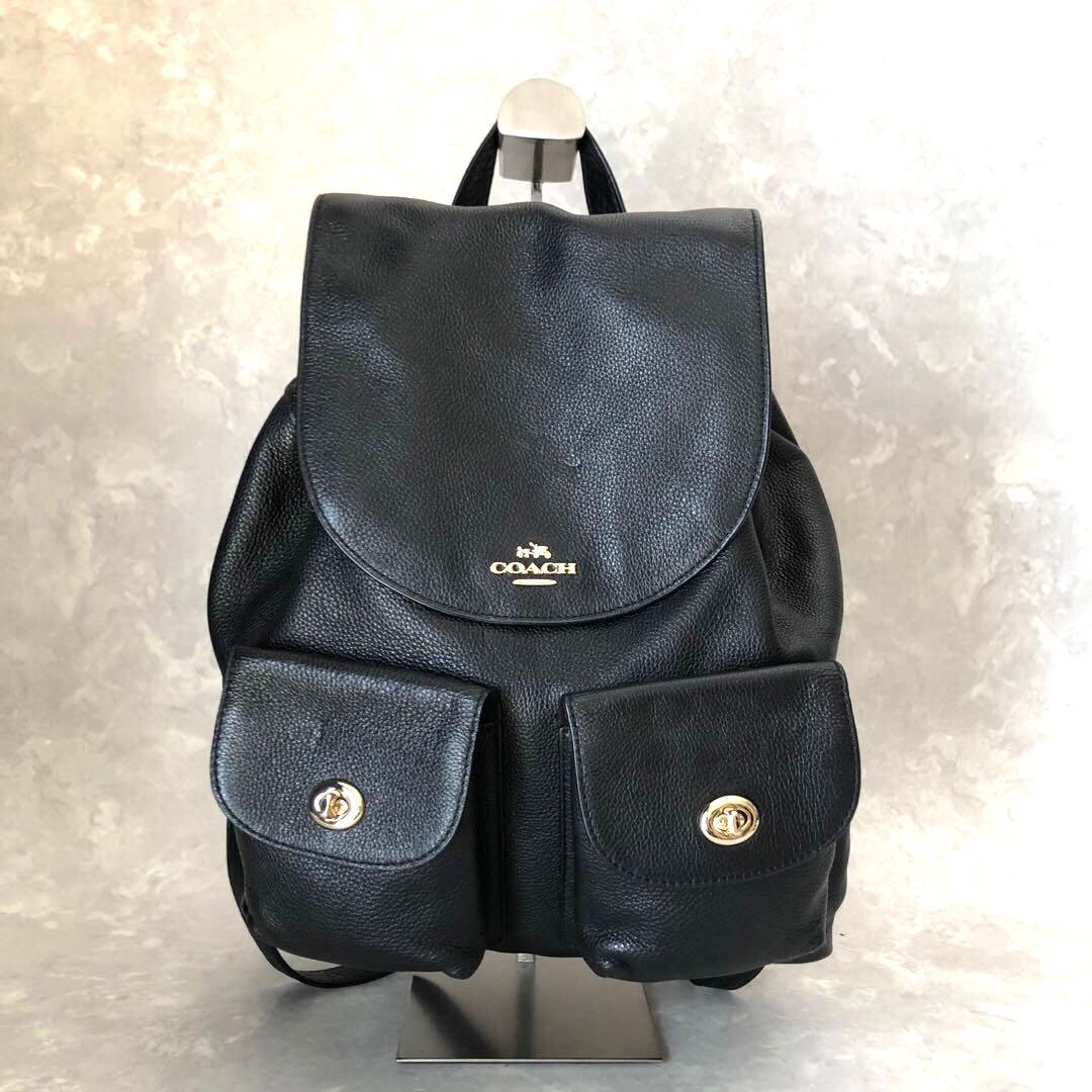☆極美品☆コーチ オールレザーリュック 黒 ゴールド フラップ