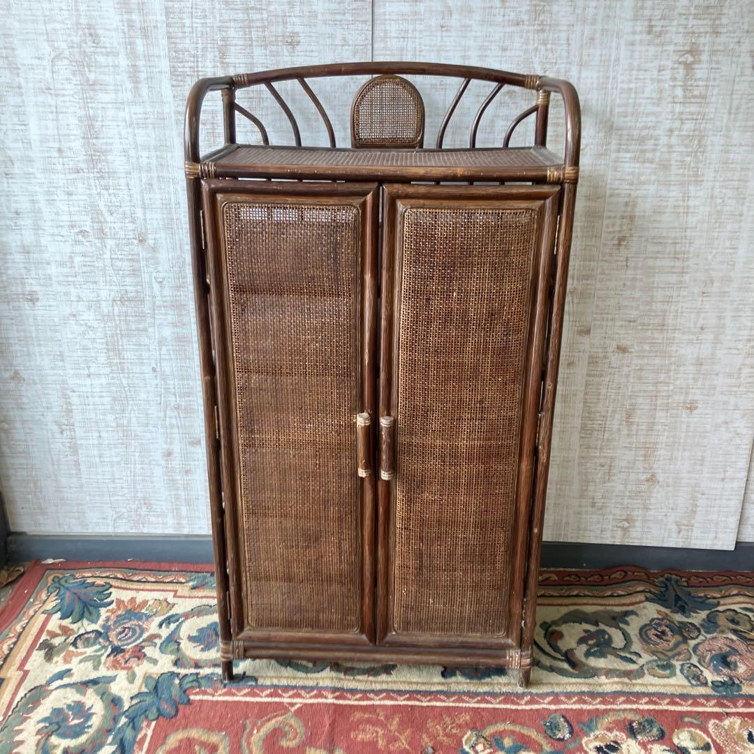 昭和レトロ 扉付き 6段ラタンシューズラック 下駄箱 籐家具 古家具 ビンテージ