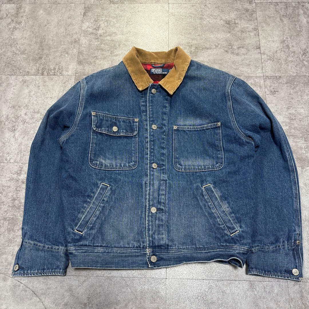 90s ラルフ　裏地赤ネル　XL 短丈ボックス　極上の色落ち　アタリ　襟コーズ