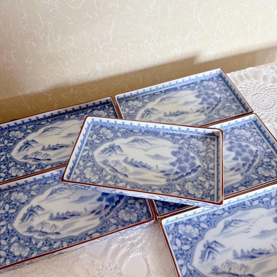 104 庫山窯 染め付け山水図角皿　焼物皿 6枚揃　長皿