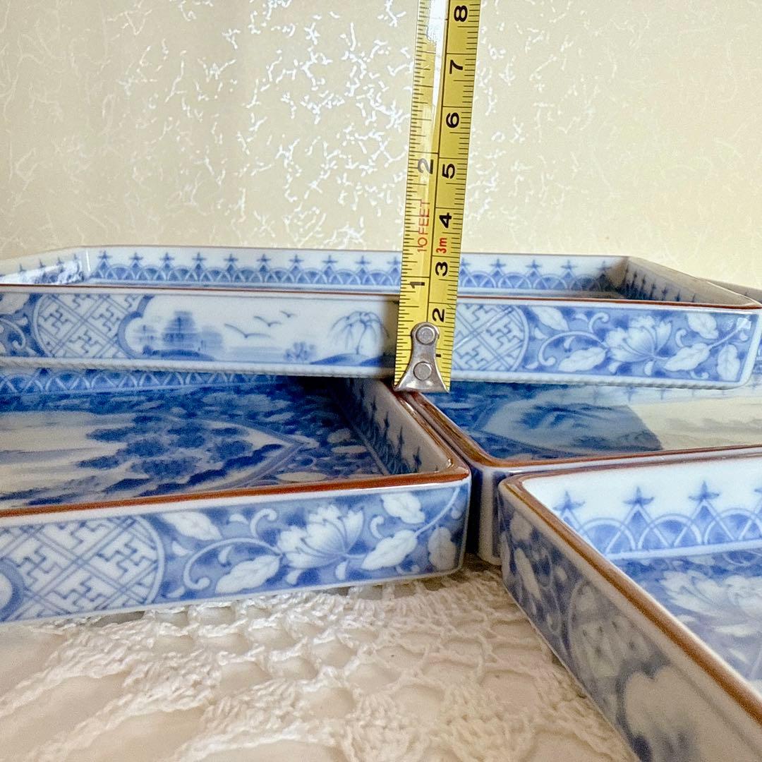 104 庫山窯 染め付け山水図角皿　焼物皿 6枚揃　長皿