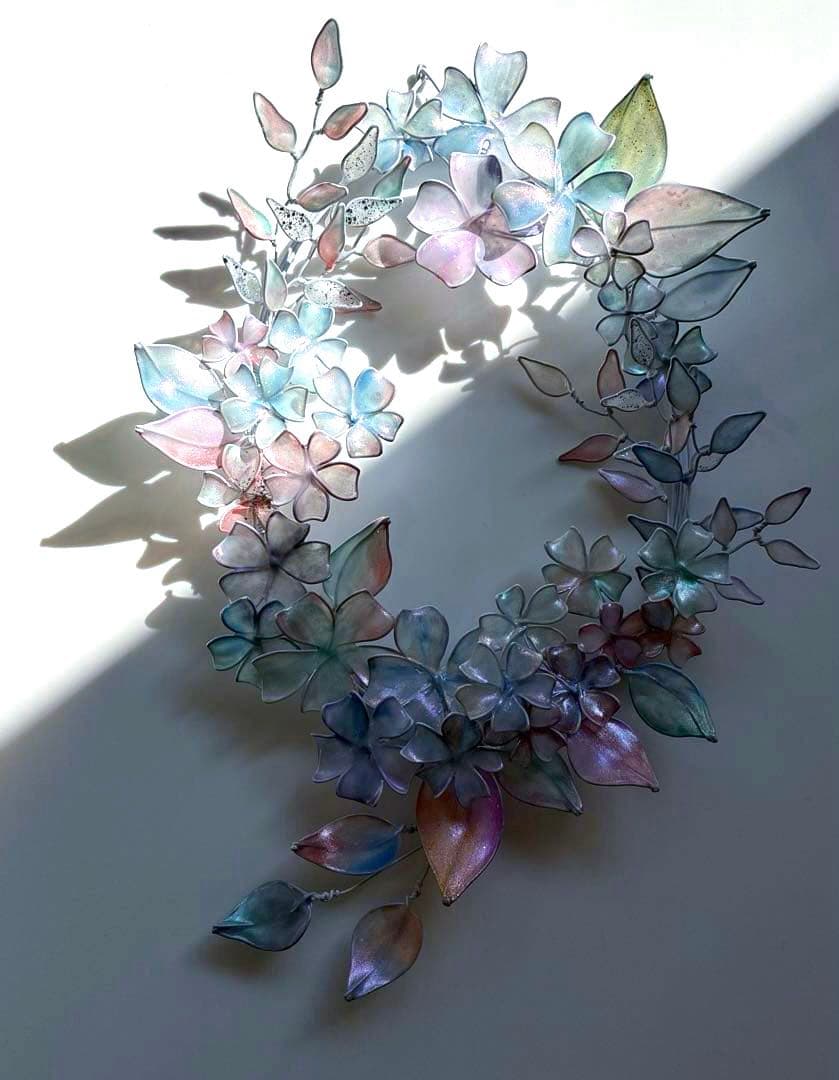 大きなオーロラフラワーリース　ワイヤークラフト　ディップアート　壁飾り　アート