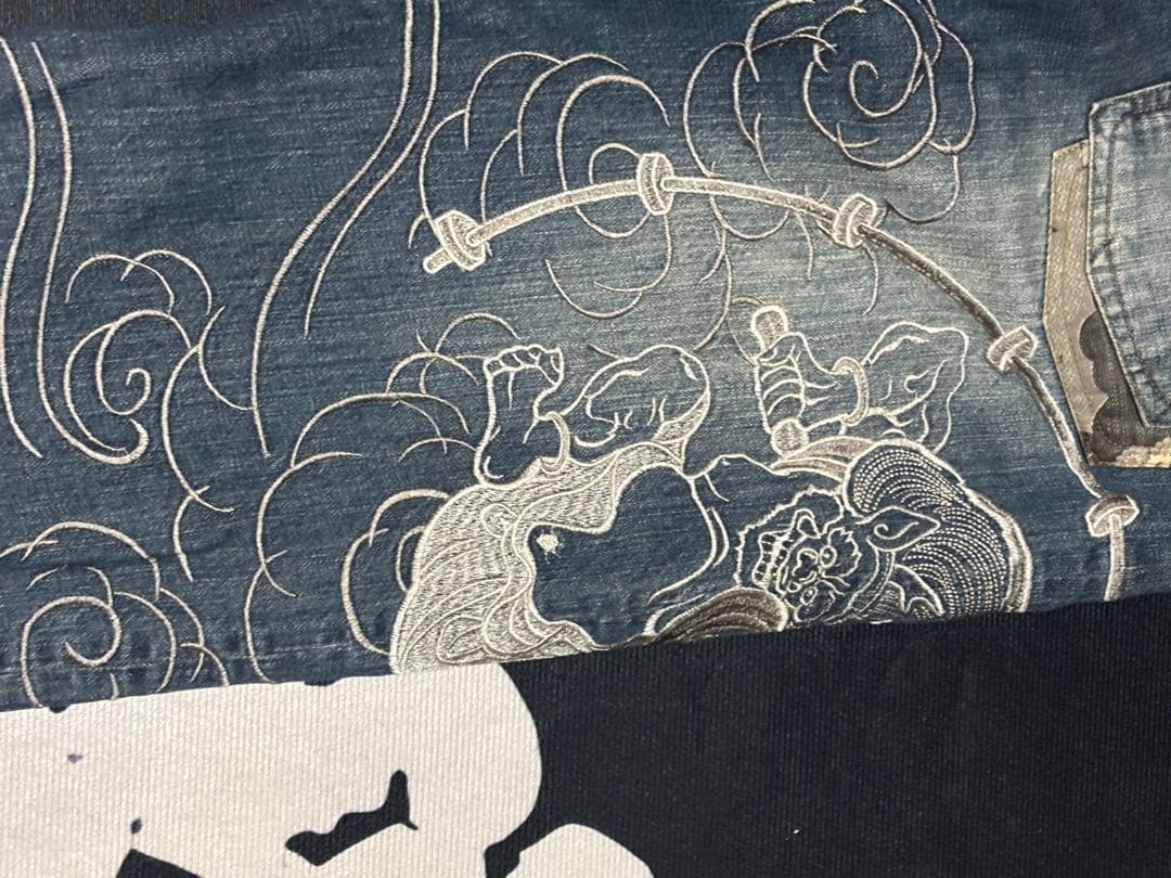 絡繰魂　風神雷神　刺繍　和柄　デニム　36inch
