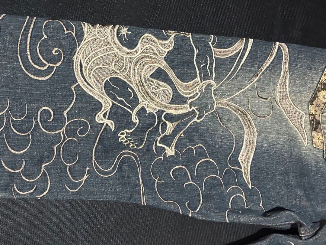 絡繰魂　風神雷神　刺繍　和柄　デニム　36inch
