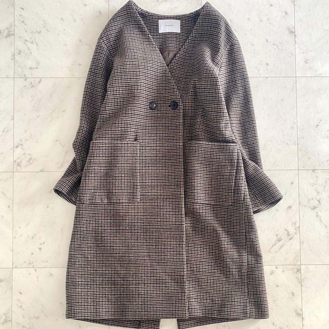 美品 フレームワーク FRAMeWORK ミニチェックコート ブラウン系 38