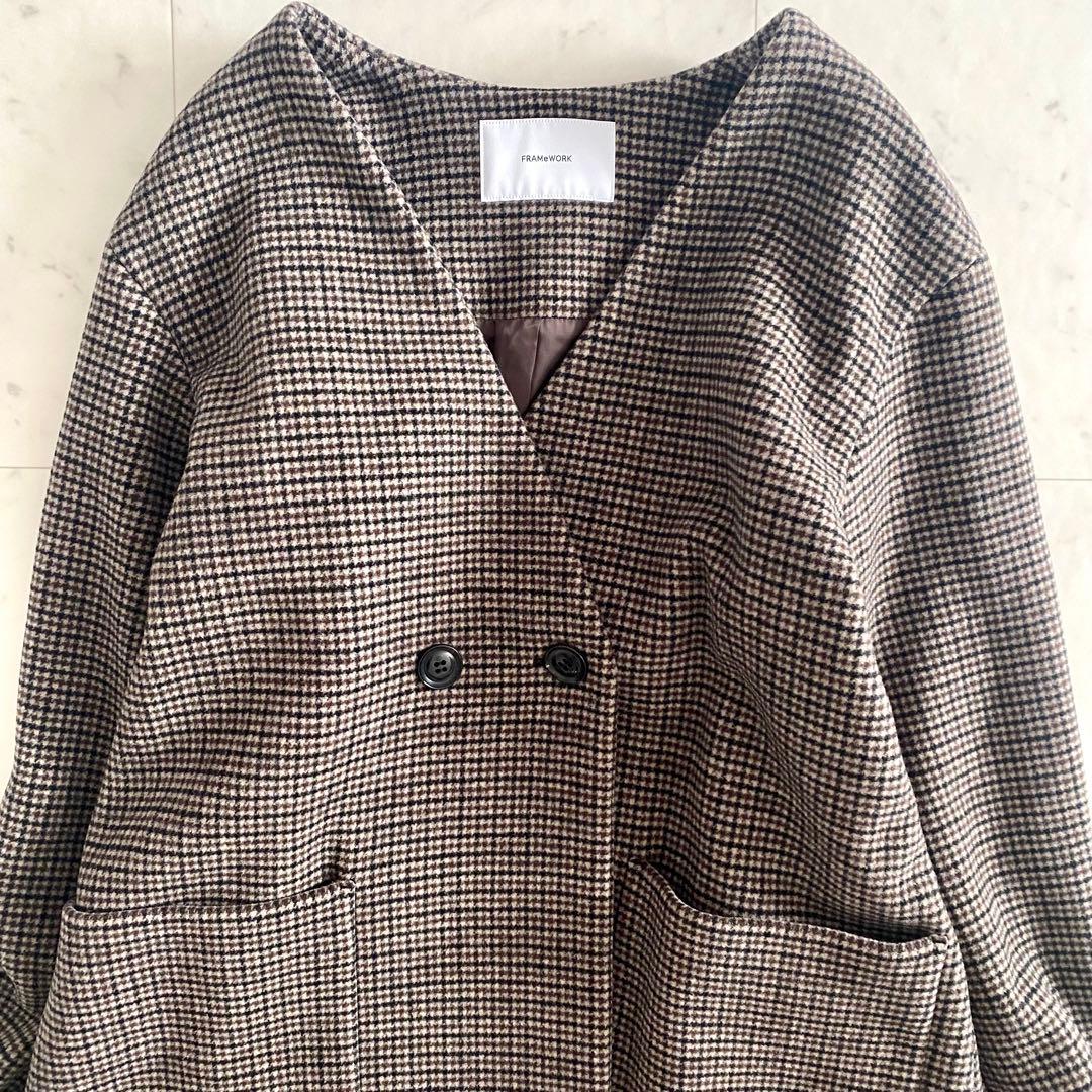 美品 フレームワーク FRAMeWORK ミニチェックコート ブラウン系 38