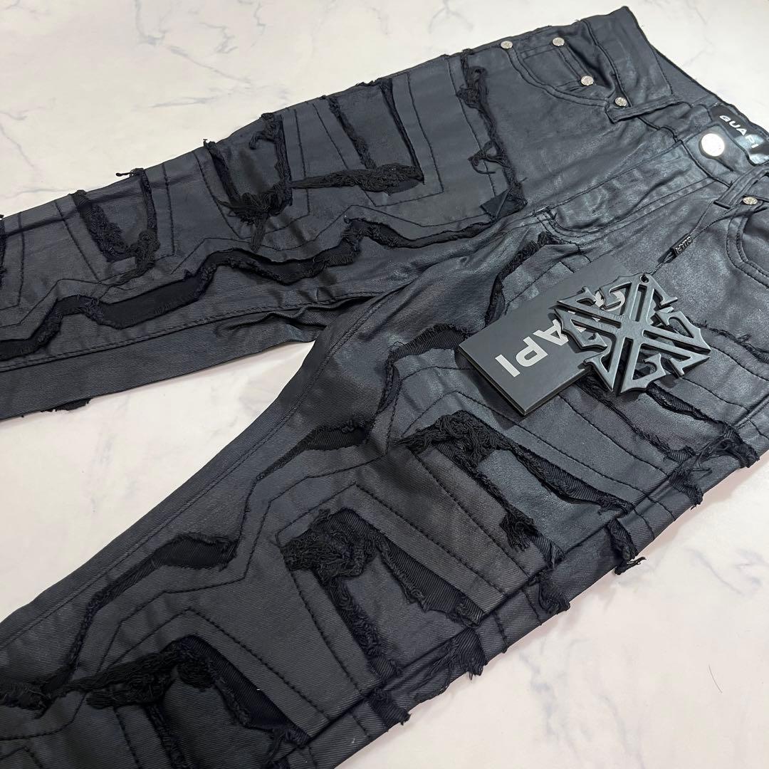 グアピGUAPI ワックス加工 サイドクラッシュスキニーフレアデニム 黒