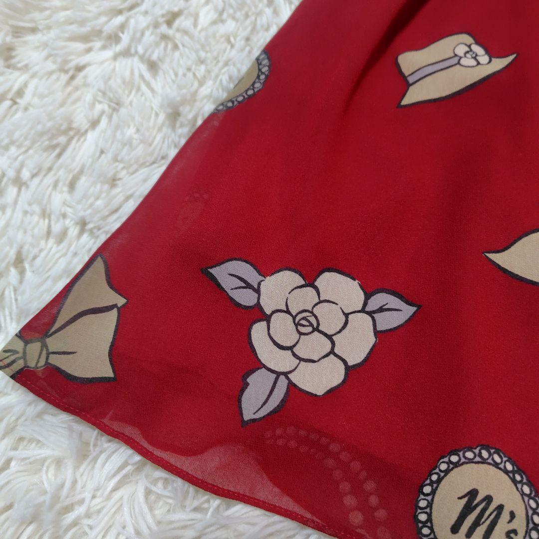 【極美品♡希少40】エムズグレイシー　アイコン柄シフォンリボンフレアワンピース