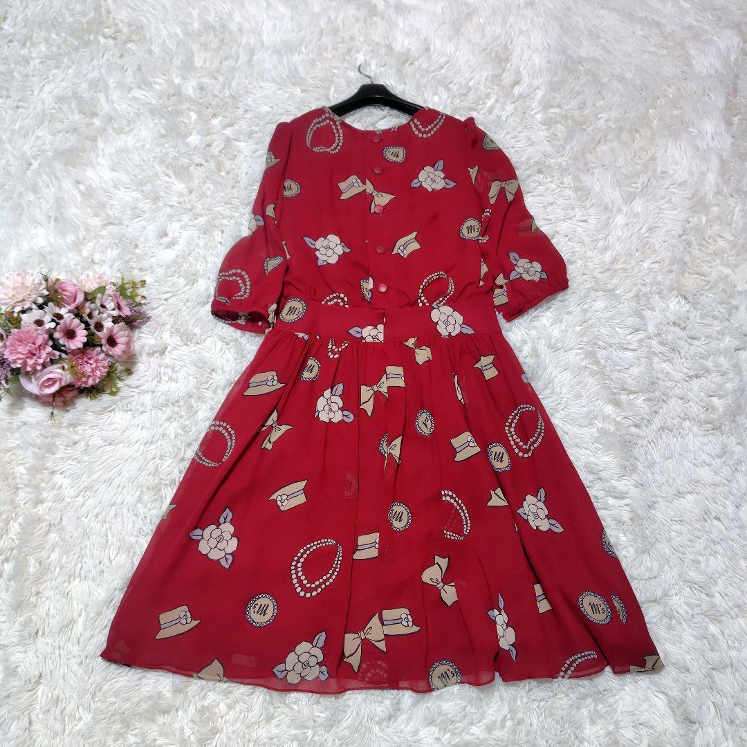 【極美品♡希少40】エムズグレイシー　アイコン柄シフォンリボンフレアワンピース