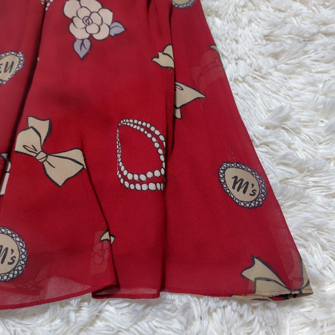 【極美品♡希少40】エムズグレイシー　アイコン柄シフォンリボンフレアワンピース