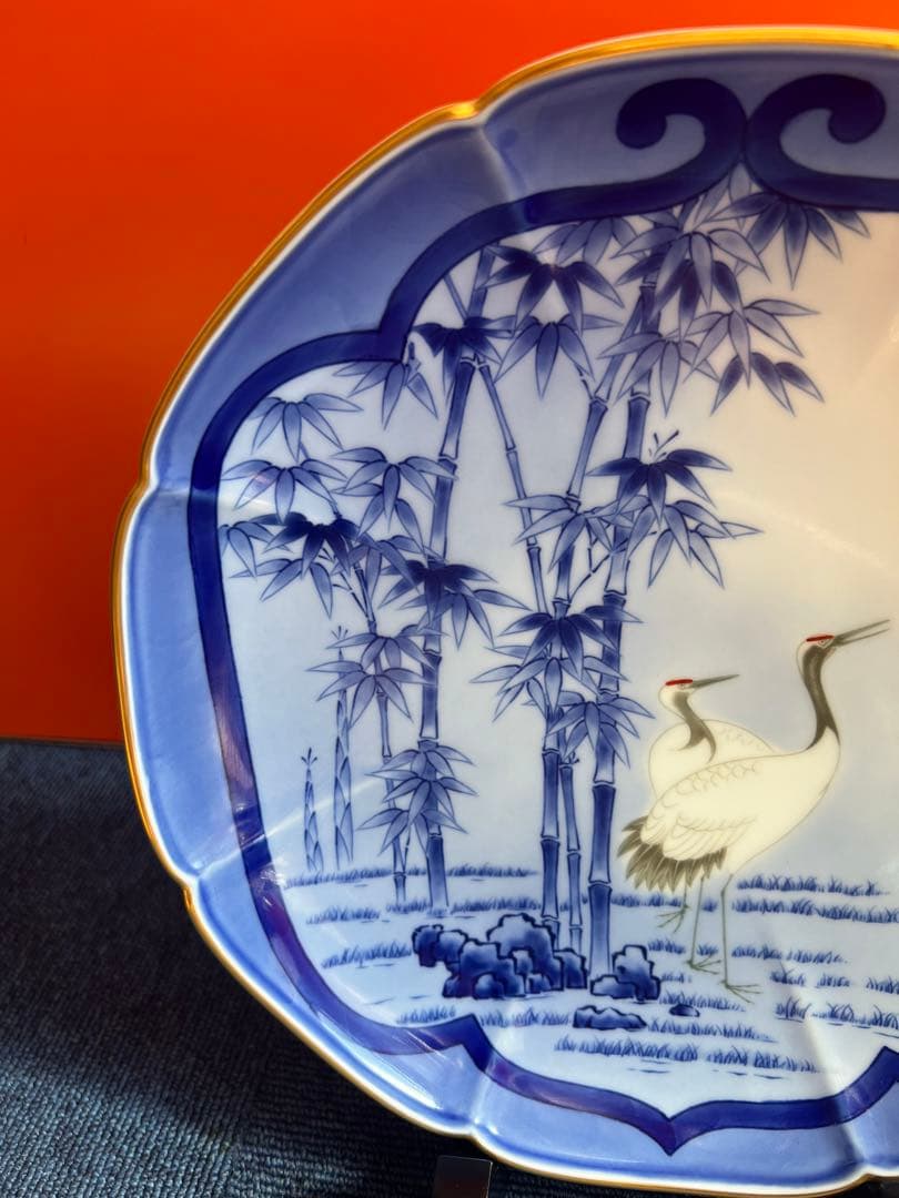 1471  希少　深川製磁　窓絵竹に鶴　八方割飾皿　皿立て付　未使用