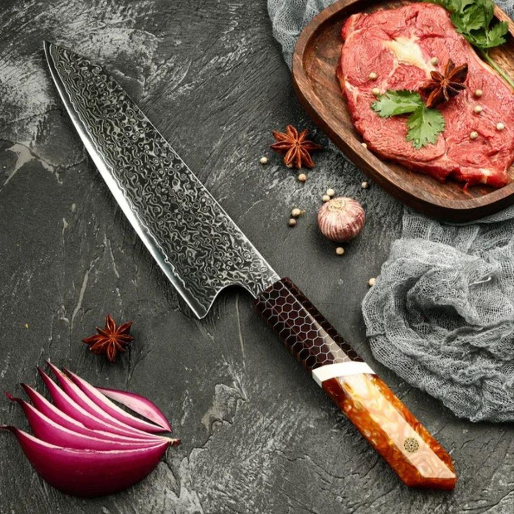 《新作》　V金10号　ダマスカス包丁　ハニカム模様・琥珀柄　剣型　牛刀　三徳