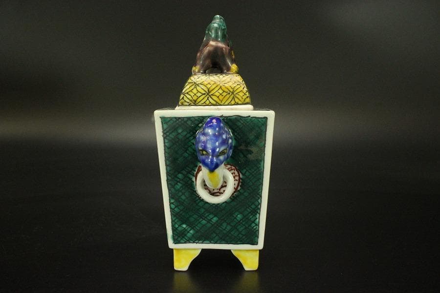 九谷焼 香炉 双耳 獅子蓋 木箱付(メ1491)