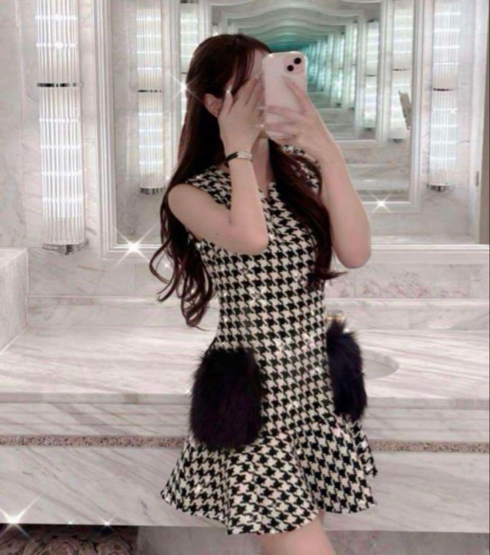 ルミニョン　Lumignon 千鳥柄　ポケット　ファー　ワンピース