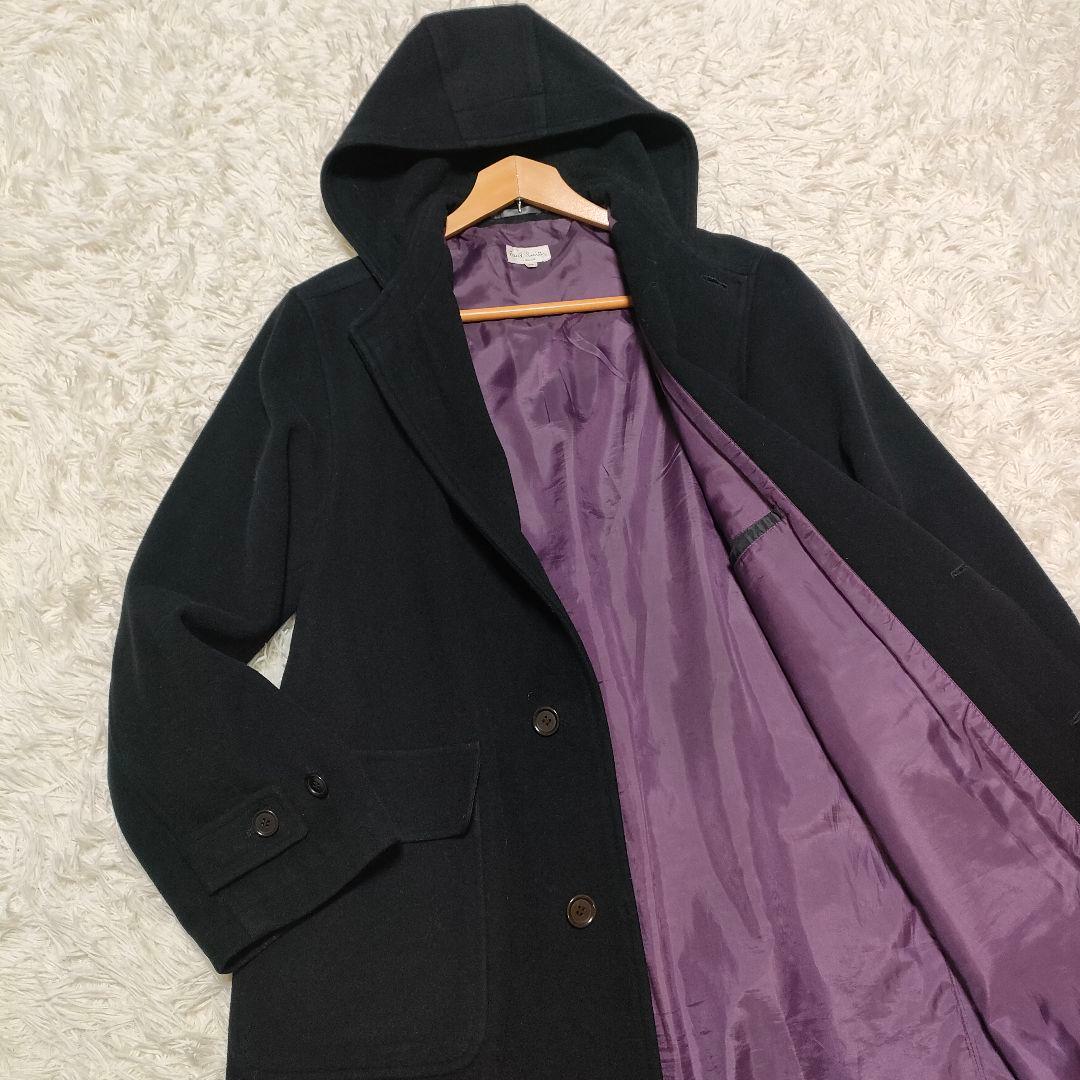 【カシミヤ】 ポールスミス　フーデッドコート　ロングコート　裏地紫　黒　メンズ