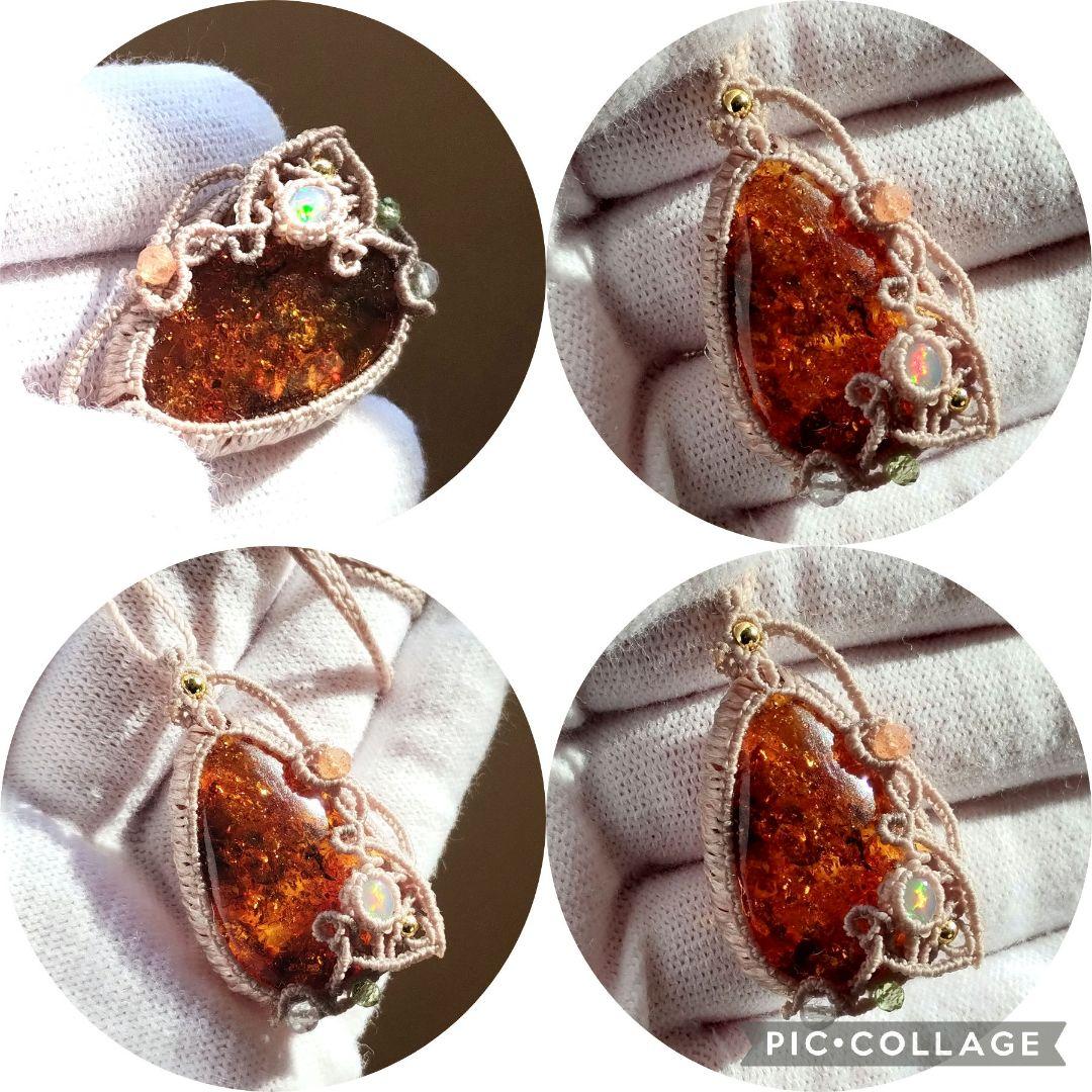 アンバー＆オパールのマクラメ編みネックレス　ペンダント　天然石