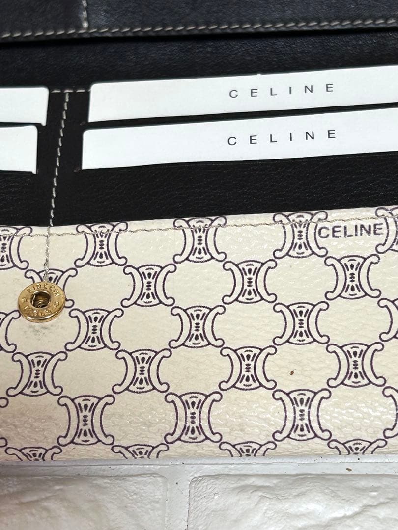 【美品】CELINE マカダム　トリオンフ　長財布　がま口　アイボリー
