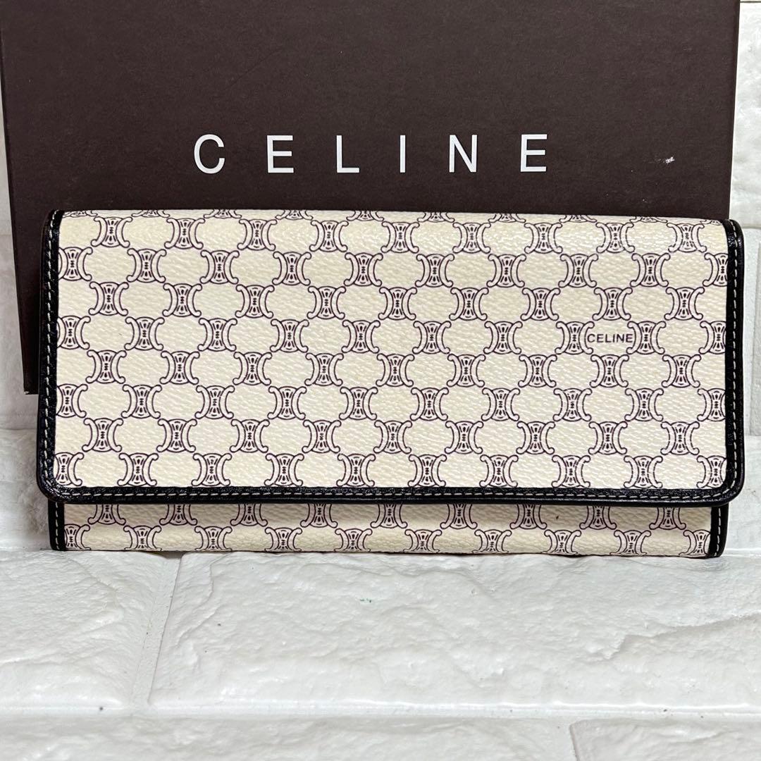 【美品】CELINE マカダム　トリオンフ　長財布　がま口　アイボリー