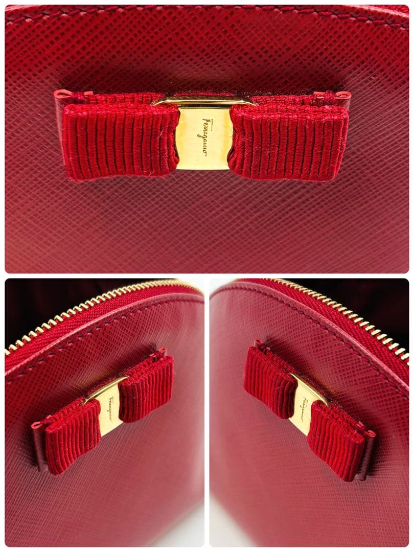 【美品】サルヴァトーレフェラガモ ポーチ レザー ヴァラリボン ゴールド金具 赤