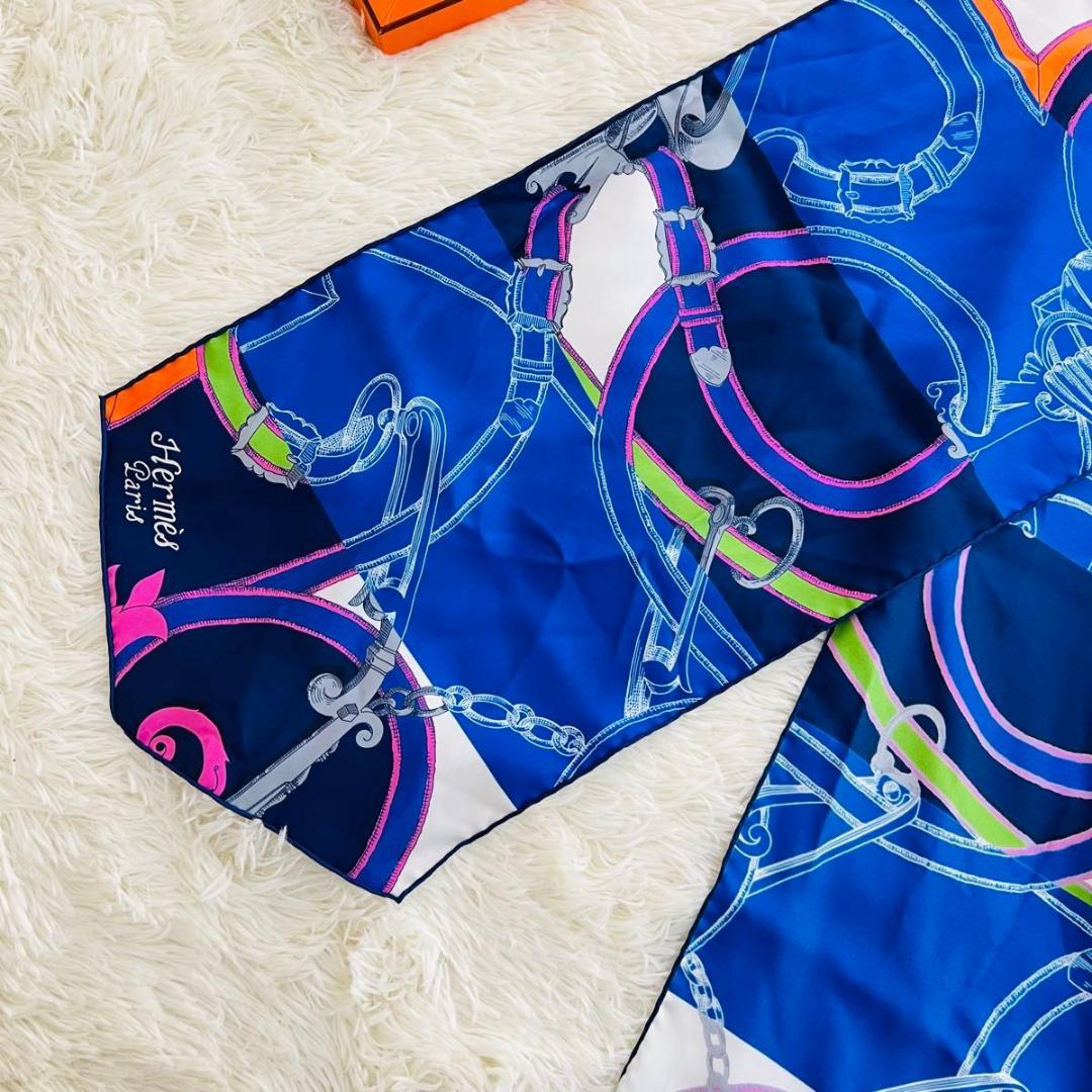 エルメス 帝王学 マキシツイリー スカーフ ブルー系 シルク ツイリー