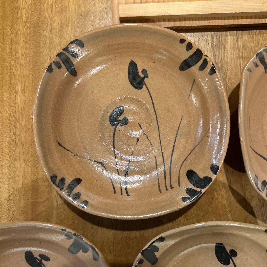 唐津菅ノ谷窯　舛田重信　絵唐津　変形鉢　五客 箱付