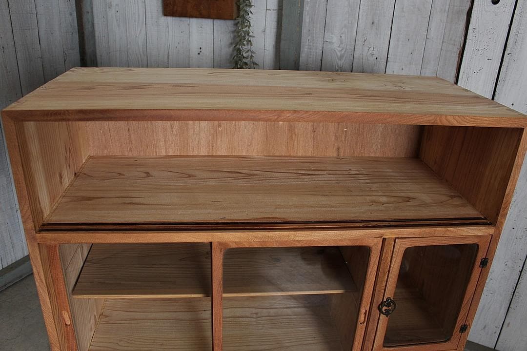 古い木枠のガラス戸棚 木製引き出し6杯 食器棚 本棚 キャビネット 古