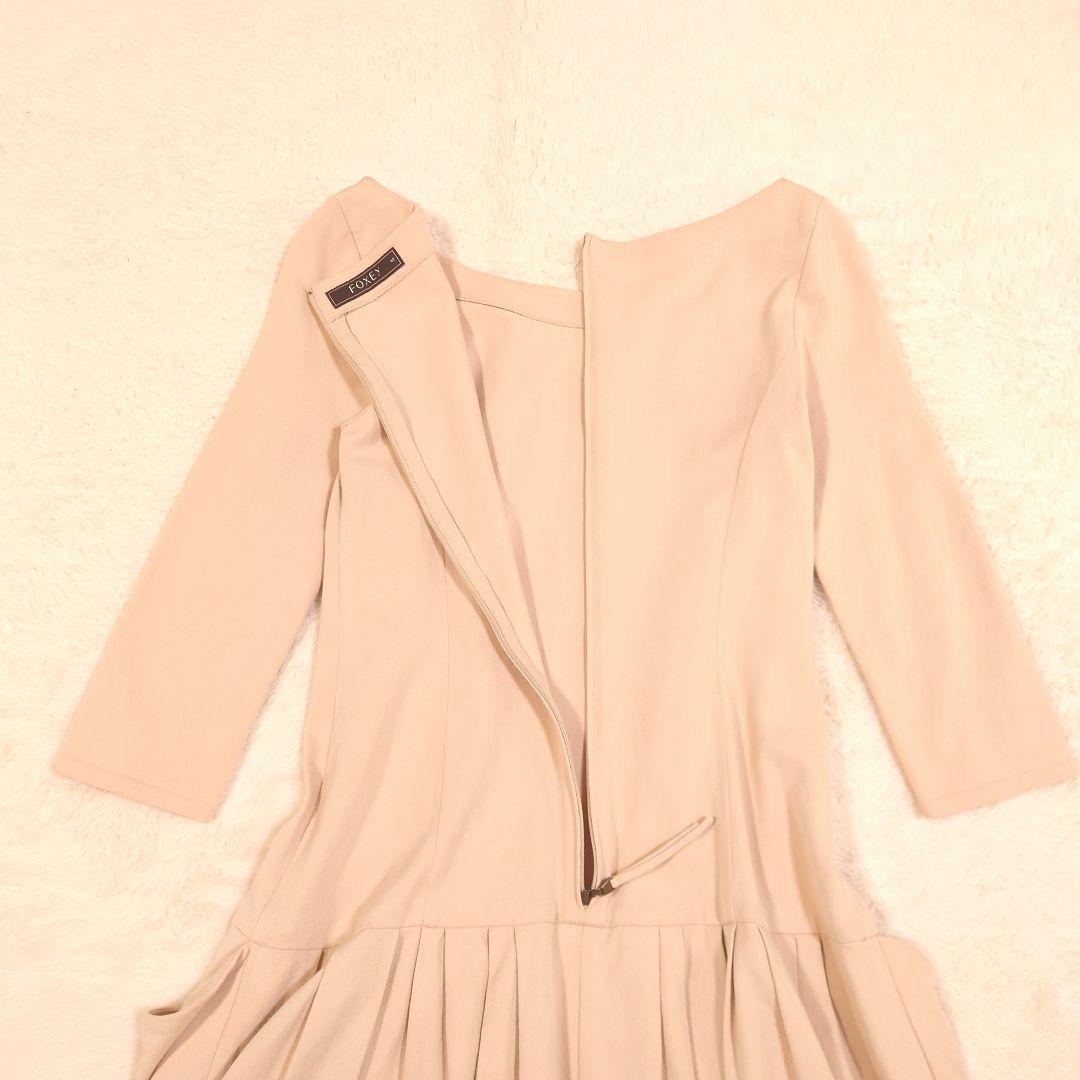 FOXEY フレア ワンピース ストレッチ ベージュ 日本製 Lサイズ