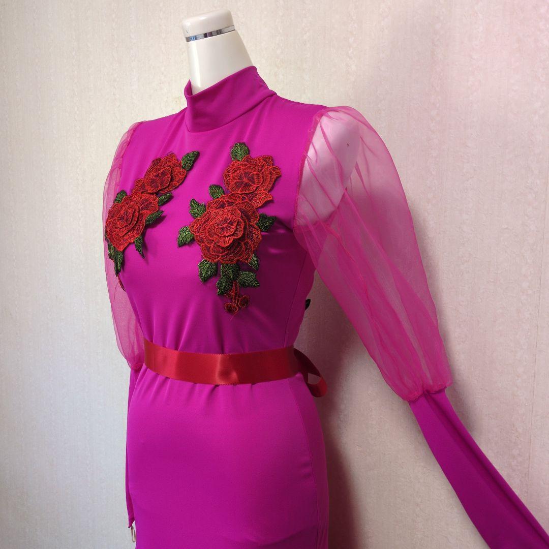 薔薇の飾り社交ダンスドレス　長袖ワンピース　値下げ