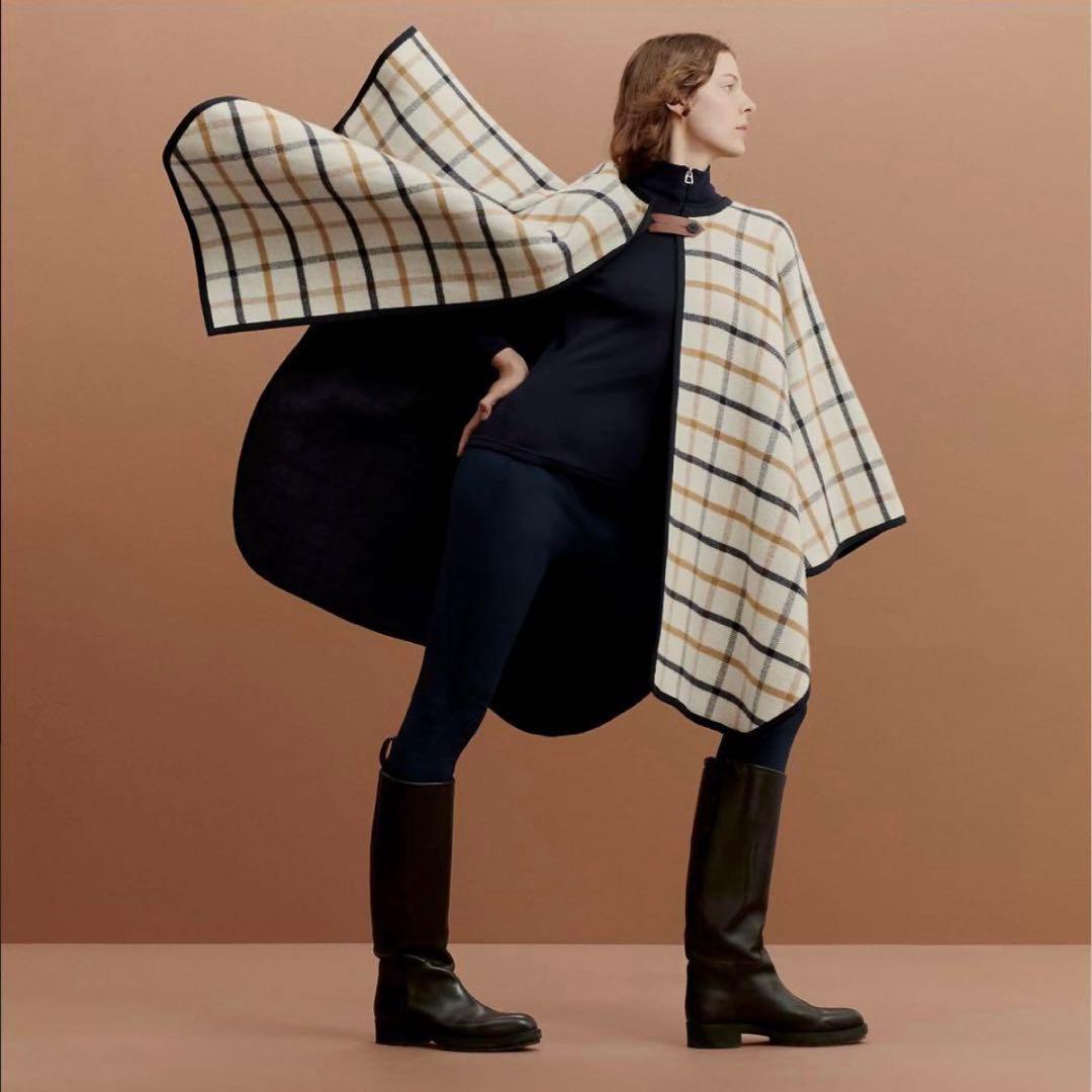 新品　HERMES エルメス　ポンチョ　リバーシブル　ウール　カシミア　ネイビー