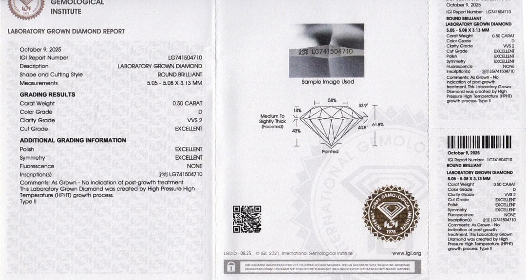 ダイヤモンド0.50ct Dカラー VVS2 EX3 IGI鑑別書｜ラボグロウン