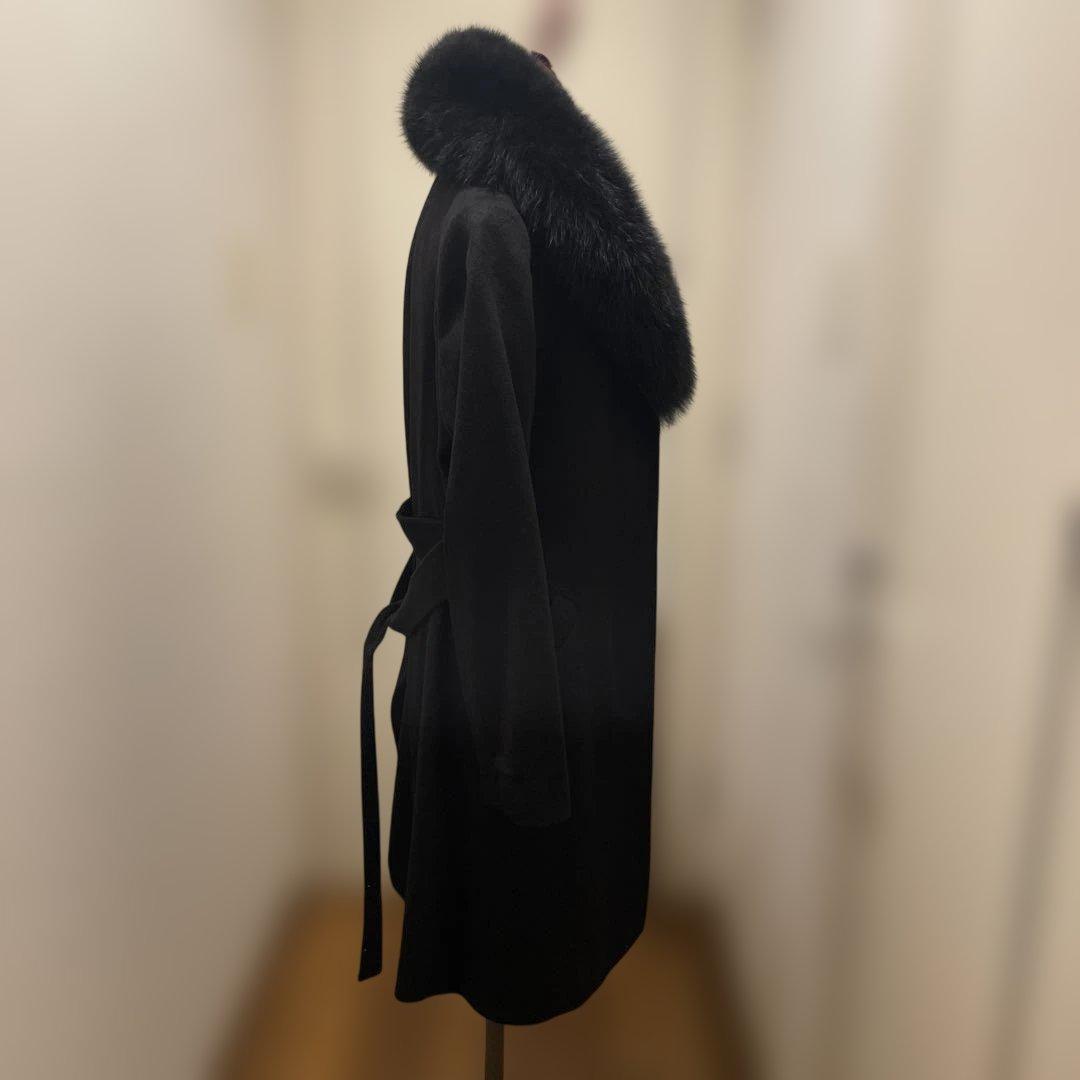 ブルーフォックスファー付きブラックカシミア混ウールロングコート　新品未使用品