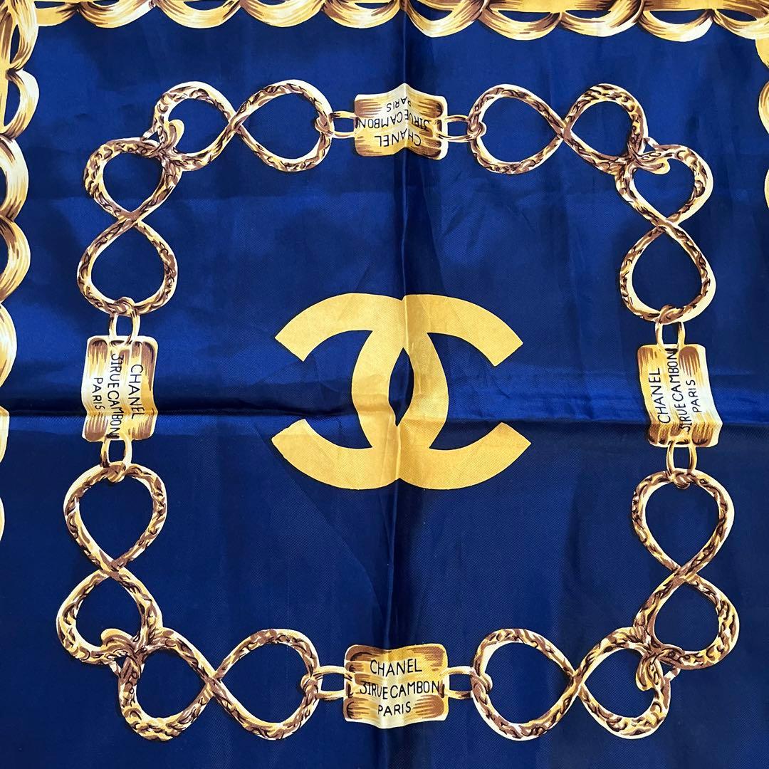 CHANEL シャネル スカーフ ネイビー×ゴールド チェーン 大判 ココマーク