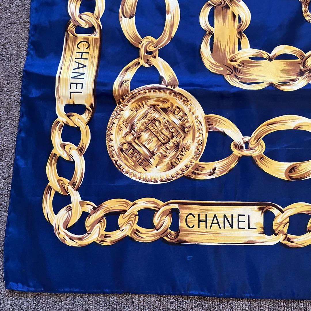 CHANEL シャネル スカーフ ネイビー×ゴールド チェーン 大判 ココマーク