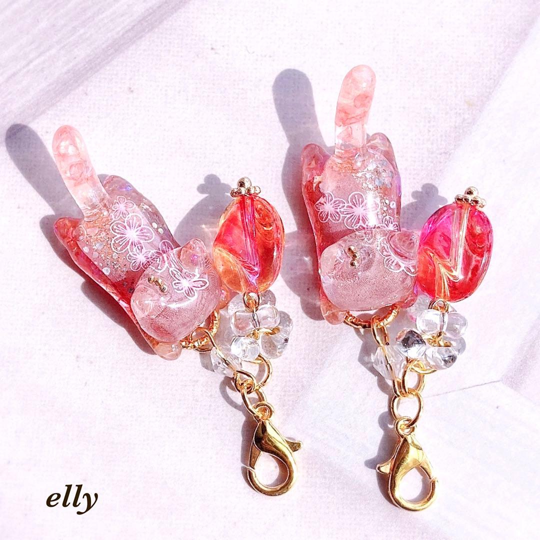 【mooncho様】1193.天然石　つまみ細工　桜　じゃれ猫　レジン