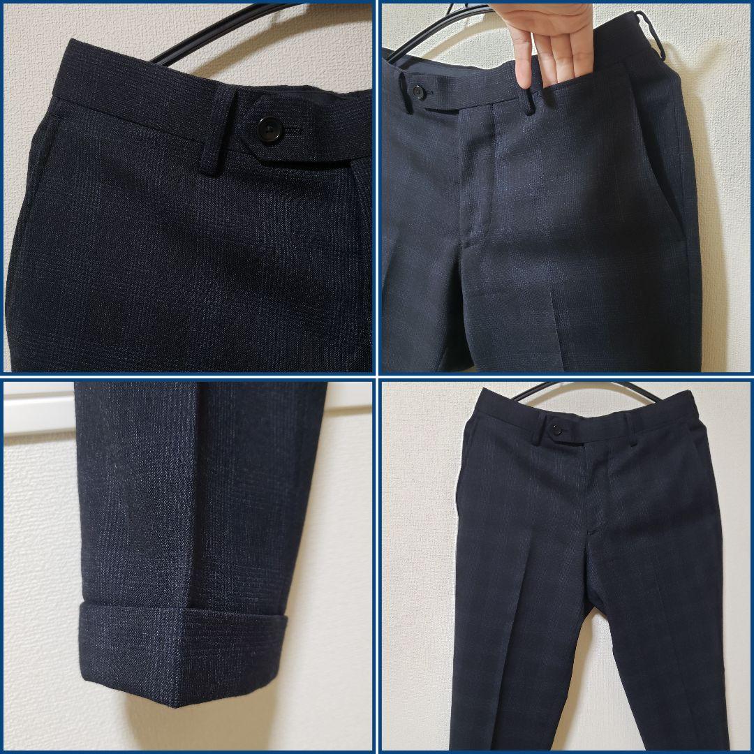 極美品】EDIFICEエディフィス/チェック柄/裾ダブルスラックス44ネイビー