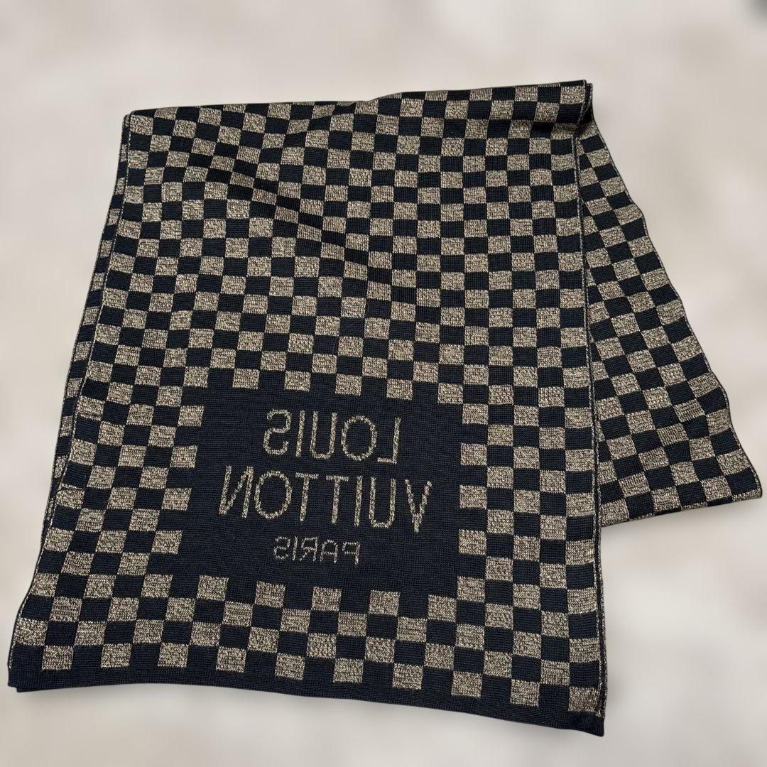 【美品】ルイヴィトン　ダミエ　マフラー　ロゴ　ブラウン　ニット　ウール　厚手