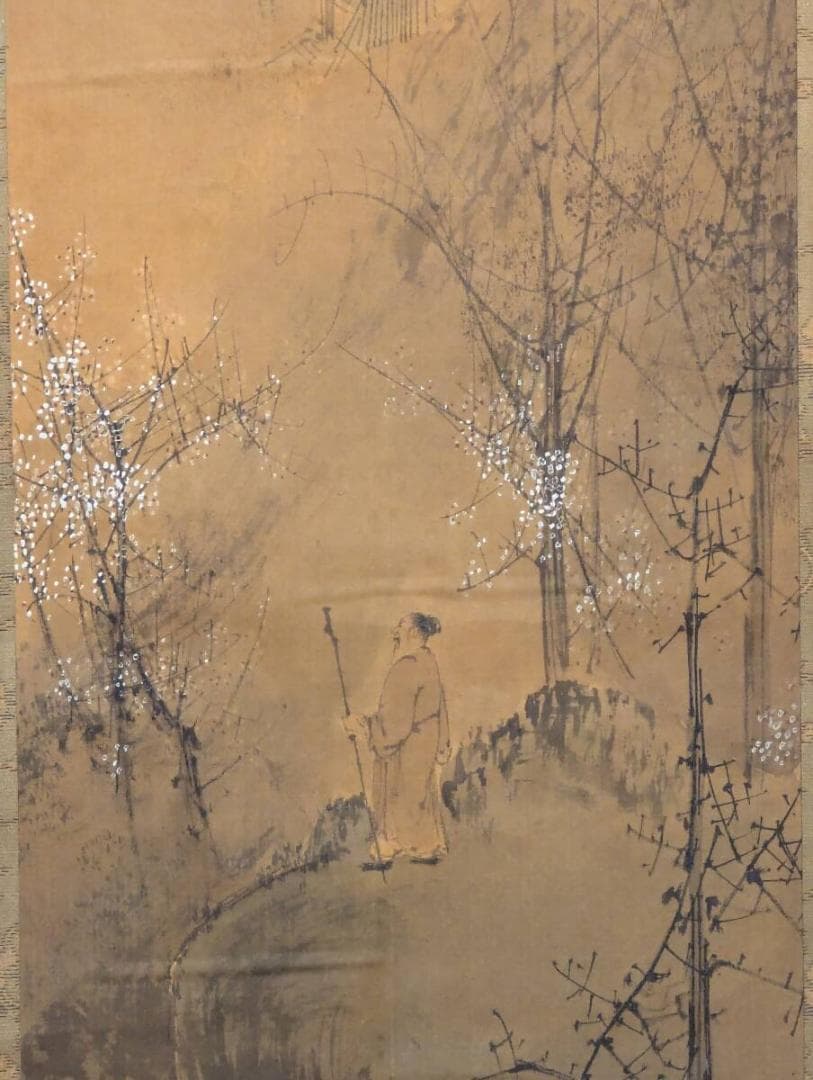 【真作】掛軸　梅花咲く渓谷に人物図　文人画風　白梅咲く幽谷の一幅　S192