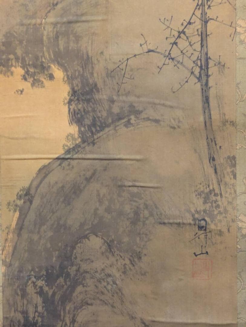 【真作】掛軸　梅花咲く渓谷に人物図　文人画風　白梅咲く幽谷の一幅　S192